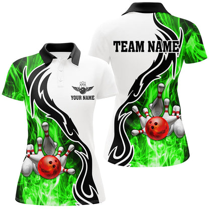 Damen-Bowling-Poloshirt – Individuelle Bowlingkugel & Pins, „Strike“-Team-Liga-Trikot, Bowling-Geschenke | Grün NQS6405