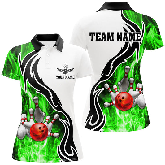 Damen-Bowling-Poloshirt – Individuelle Bowlingkugel & Pins, „Strike“-Team-Liga-Trikot, Bowling-Geschenke | Grün NQS6405