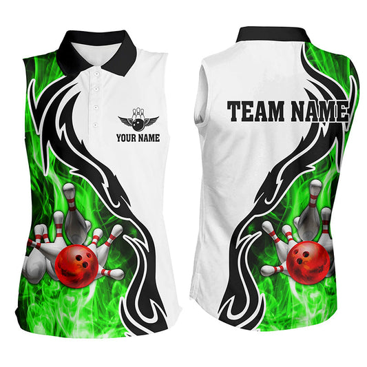 Damen-Ärmelloses Bowling-Poloshirt – Individuelle Bowlingkugel & Pins, „Strike“-Team-Liga-Trikot, Bowling-Geschenke | Grün NQS6405