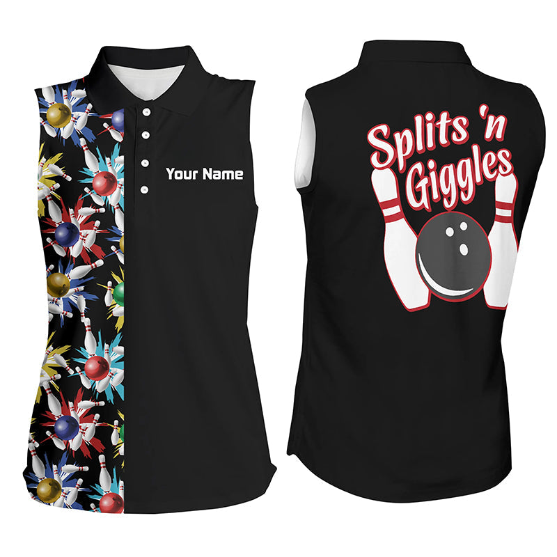 Splits 'n Giggles“-Schwarze ärmellose Poloshirts für Damen – Personalisierte Vintage-Bowling-Shirts für Damen NQS5521