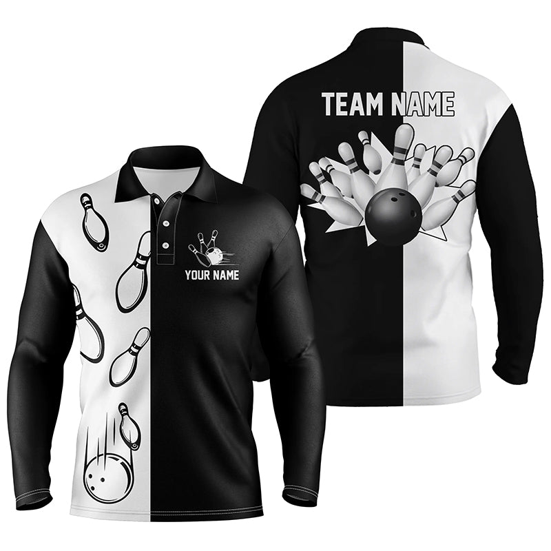 Schwarz-weiße Retro-Bowling-Poloshirts für Männer, personalisierte Bowling-Teamtrikots NQS5012