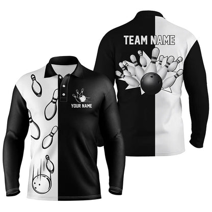 Schwarz-weiße Retro-Bowling-Poloshirts für Männer, personalisierte Bowling-Teamtrikots NQS5012