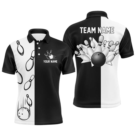 Schwarz-weiße Retro-Bowling-Poloshirts für Männer, personalisierte Bowling-Teamtrikots NQS5012