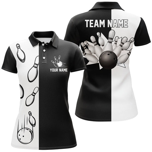 Schwarz-weiße Retro-Bowling-Poloshirts für Frauen, personalisierte Bowling-Teamtrikots NQS5012