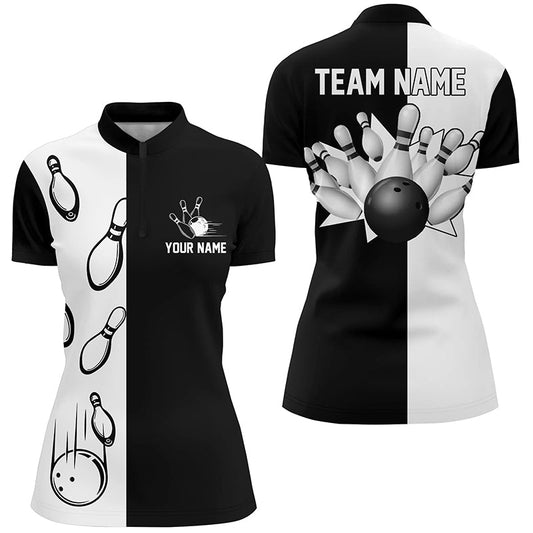Schwarz-weiße Retro-Bowlinghemden mit Viertelreißverschluss für Frauen, personalisierte Bowling-Teamtrikots NQS5012