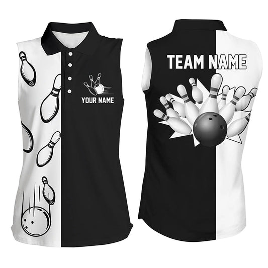 Schwarz-weiße Retro-ärmellose Bowling-Poloshirts für Frauen, personalisierte Bowling-Teamtrikots NQS5012