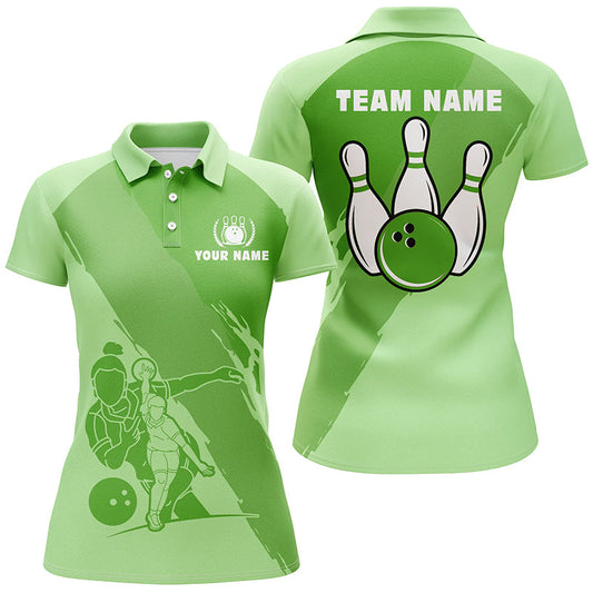 Personalisierte 3D-Bowlinghemden für Damen, maßgeschneiderte grüne Kurzarm-Polo-Bowlinghemden für Mädchen NQS5301