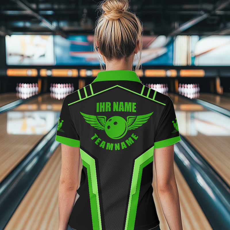 Personalisierte 3D-Bowlinghemden für Damen, schwarz-grüne Hemden mit Viertelreißverschluss im Herzschlag-Design NQS4599