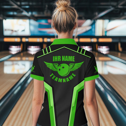 Personalisierte 3D-Bowlinghemden für Damen, schwarz-grüne Hemden mit Viertelreißverschluss im Herzschlag-Design NQS4599