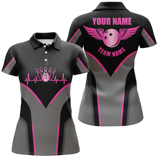 Personalisierte 3D-Bowlinghemden für Damen, maßgeschneiderte pinkfarbene Kurzarm-Poloshirts im Herzschlag-Design NQS4686