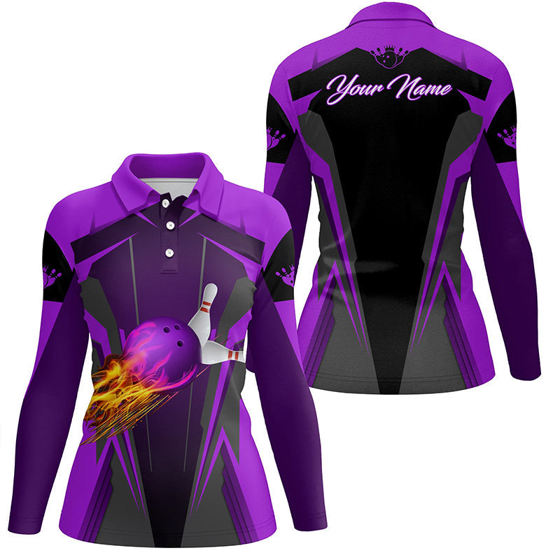 Personalisierte Damen-Poloshirts – Flammen-Bowlingkugel & Pins, Bowling-Trikots für Bowler | Lila NQS6440