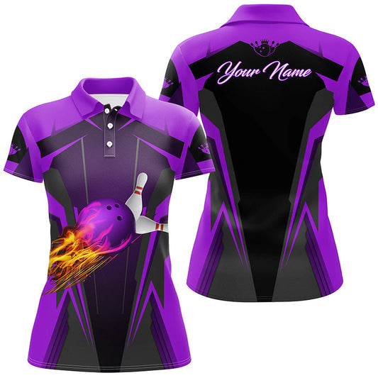 Personalisierte Damen-Poloshirts – Flammen-Bowlingkugel & Pins, Bowling-Trikots für Bowler | Lila NQS6440