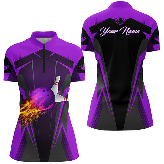 Personalisierte Damen-Quarter-Zip-Shirts – Flammen-Bowlingkugel & Pins, Bowling-Trikots für Bowler | Lila NQS6440