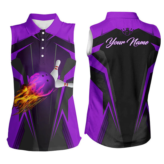 Personalisierte Damen-Ärmellose Poloshirts – Flammen-Bowlingkugel & Pins, Bowling-Poloshirt für Bowler | Lila NQS6440