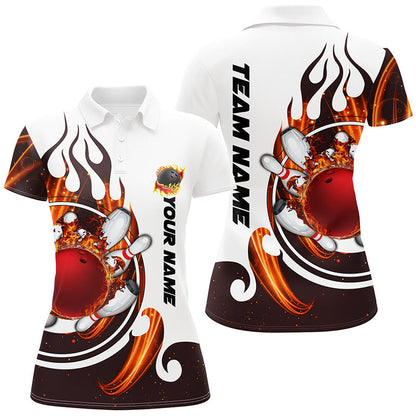 Weiße Bowling-Poloshirts für Damen – Individuelle Flammen-Bowlingkugel & Pins, Trikots NQS6449