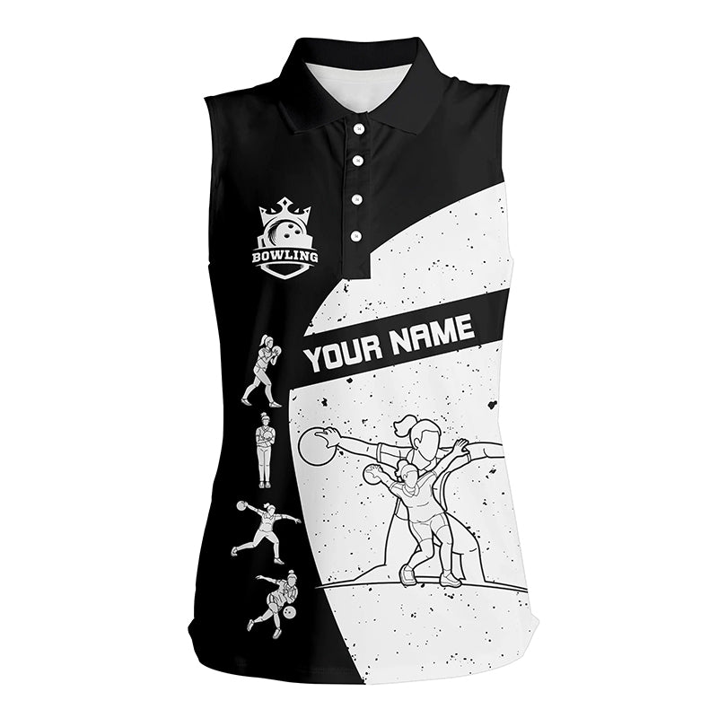 Schwarz-weiße ärmellose Bowling-Poloshirts für Damen – Individuelles Bowling-Team-Liga-Shirt, Bowling-Geschenke NQS6211