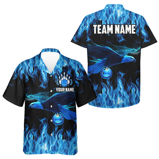 Blaue Flammenadler individuelle Bowling-Hawaii-Team-Shirts, Feuer-Bowling-Hemd mit Knopfleiste Outfit für Bowler NQS9440