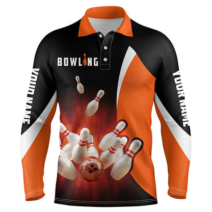 Personalisierte Retro-Bowling-Poloshirts in Schwarz-Orange für Männer, Bowling-Teamtrikot NQS5054
