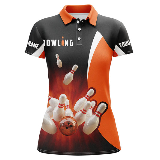 Personalisierte Retro-Bowling-Poloshirts in Schwarz-Orange für Frauen, Bowling-Teamtrikot NQS5054