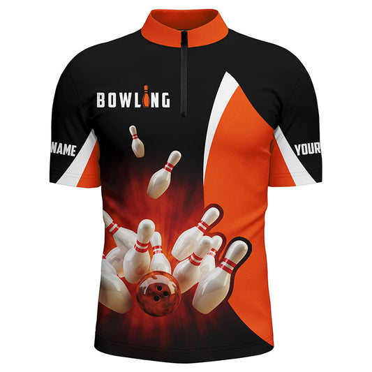 Personalisierte Retro-Bowlinghemden in Schwarz-Orange mit Viertelreißverschluss für Männer, Bowling-Teamtrikot NQS5054