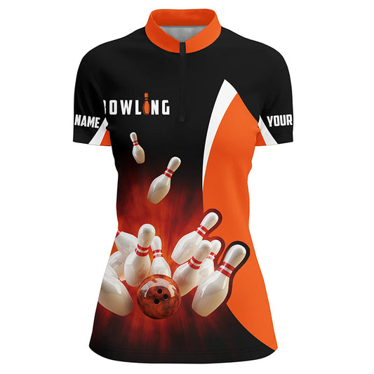 Personalisierte Retro-Bowlinghemden in Schwarz-Orange mit Viertelreißverschluss für Frauen, Bowling-Teamtrikot NQS5054