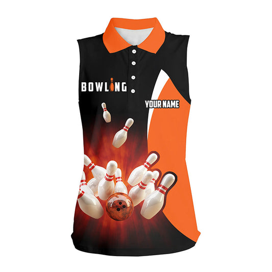 Personalisierte Retro-Bowlinghemden in Schwarz-Orange, ärmellose Polo-Bowlinghemden für Frauen, Bowling-Teamtrikot NQS5054