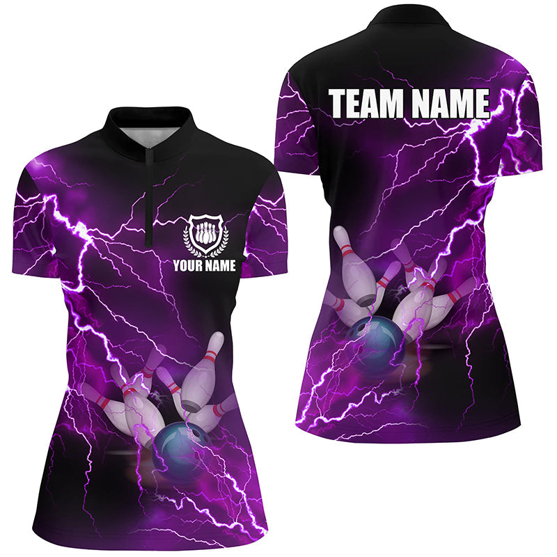 Damen-Bowling-Quarter-Zip-Shirts – Individuelle lila Blitz-Bowling-Team-Trikots, Geschenk für Bowler NQS6220