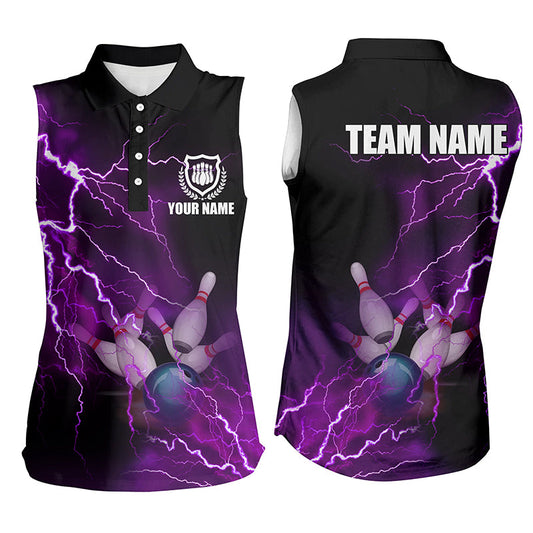 Damen-Ärmellose Bowling-Poloshirts – Individuelle lila Blitz-Bowling-Team-Trikots NQS6220