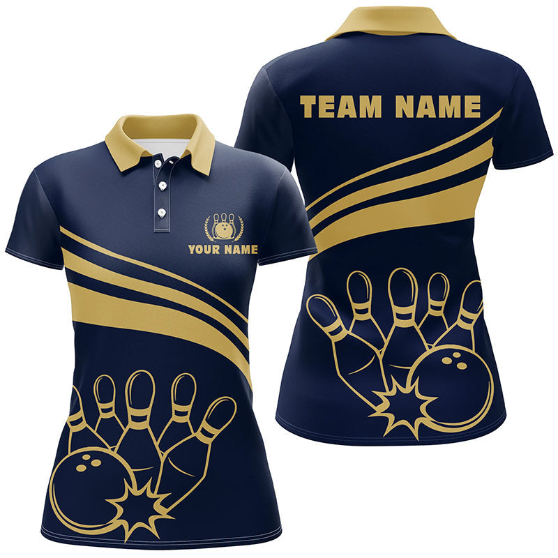 Personalisierte Bowling-Poloshirts für Damen – Individuelle Goldene Bowling-Shirts für Damen Team-Trikot | Navy NQS6707
