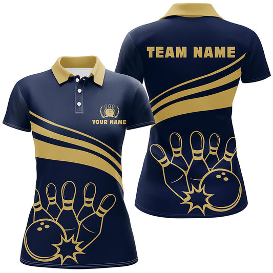Personalisierte Bowling-Poloshirts für Damen – Individuelle Goldene Bowling-Shirts für Damen Team-Trikot | Navy NQS6707