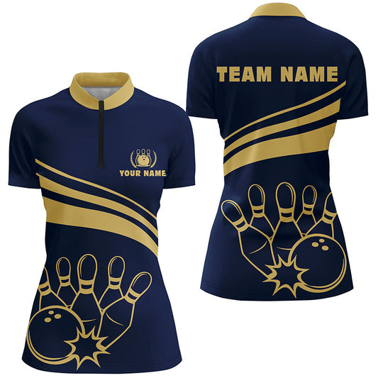Personalisierte Bowling-Quarter-Zip-Shirts für Damen – Goldene Bowling-Shirts Team-Trikot für Damen | Navy NQS6707