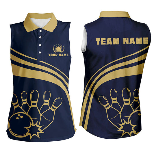 Personalisierte Ärmellose Bowling-Poloshirts für Damen – Goldene Bowling-Shirts Team-Trikot | Navy NQS6707