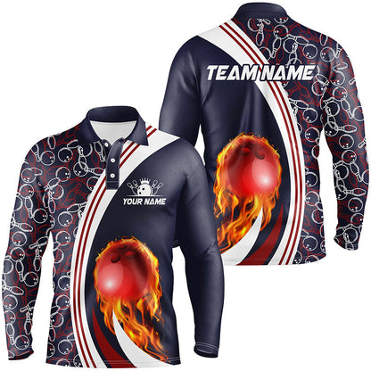 Bowling-Poloshirts für Herren – Individuelles Camo-Flammen-Bowlingkugel-Feuer Team-Liga-Trikot | Navy NQS6716