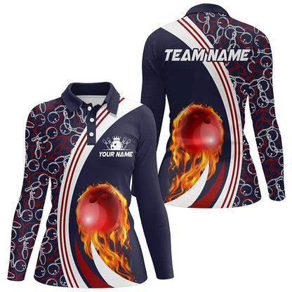Bowling-Poloshirts für Damen – Individuelles Camo-Flammen-Bowlingkugel-Feuer Team-Liga-Trikot | Navy NQS6716