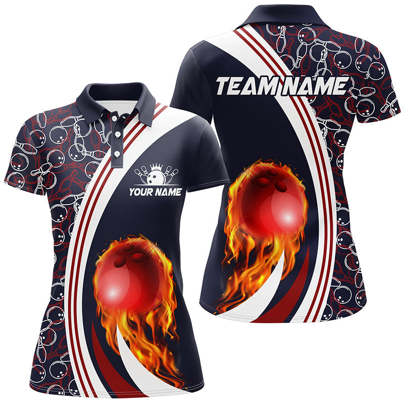Bowling-Poloshirts für Damen – Individuelles Camo-Flammen-Bowlingkugel-Feuer Team-Liga-Trikot | Navy NQS6716