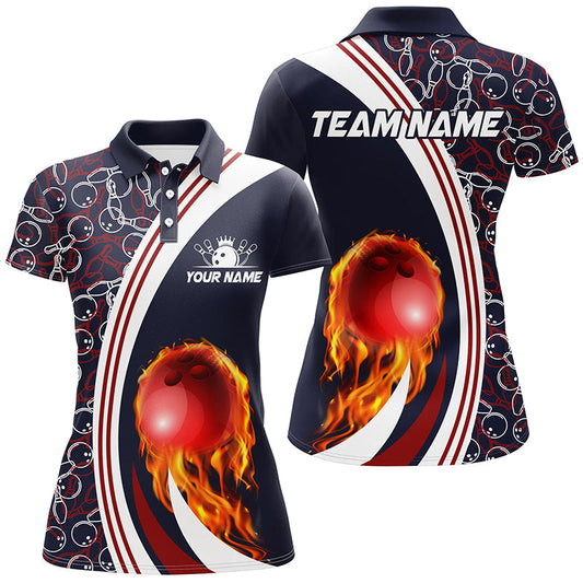 Bowling-Poloshirts für Damen – Individuelles Camo-Flammen-Bowlingkugel-Feuer Team-Liga-Trikot | Navy NQS6716