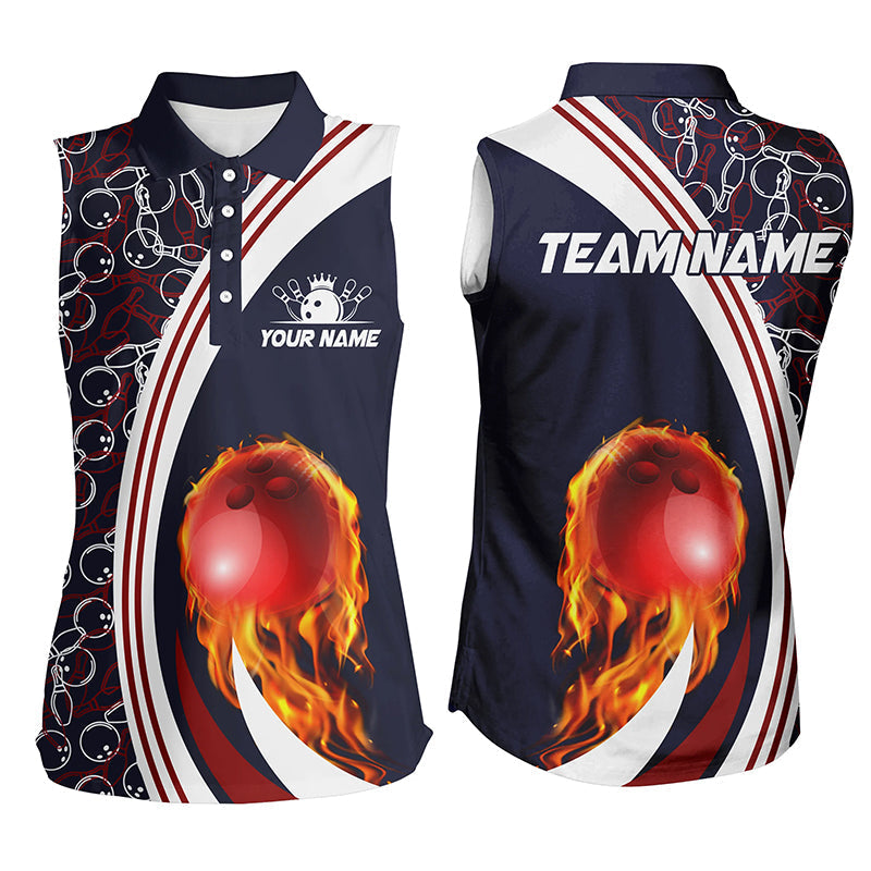 Ärmellose Bowling-Poloshirts für Damen – Individuelles Camo-Flammen-Bowlingkugel-Feuer Team-Liga-Trikot | Navy NQS6716