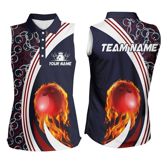 Ärmellose Bowling-Poloshirts für Damen – Individuelles Camo-Flammen-Bowlingkugel-Feuer Team-Liga-Trikot | Navy NQS6716