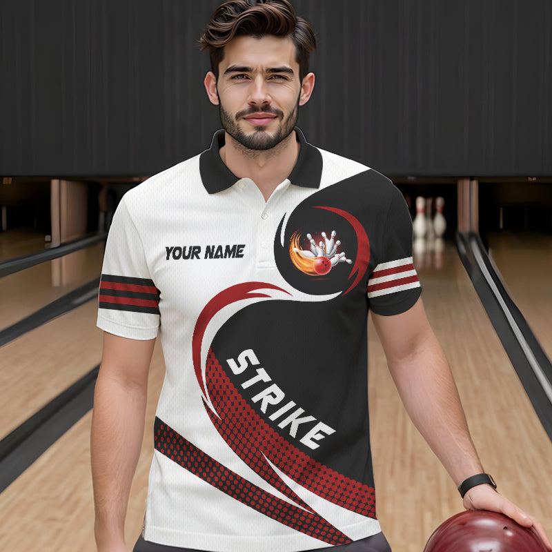 Schwarz-Weiße Bowling-Poloshirts für Herren – Individuelles Flammen-Bowlingkugel-Feuer Strike Team-Liga-Trikot NQS6717