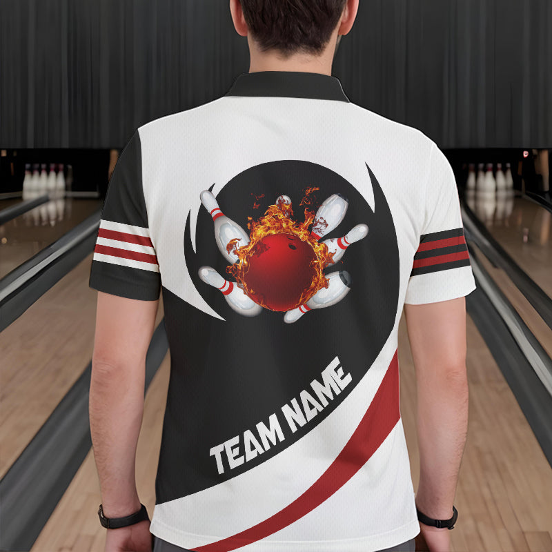 Schwarz-Weiße Bowling-Poloshirts für Herren – Individuelles Flammen-Bowlingkugel-Feuer Strike Team-Liga-Trikot NQS6717