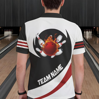 Schwarz-Weiße Bowling-Poloshirts für Herren – Individuelles Flammen-Bowlingkugel-Feuer Strike Team-Liga-Trikot NQS6717