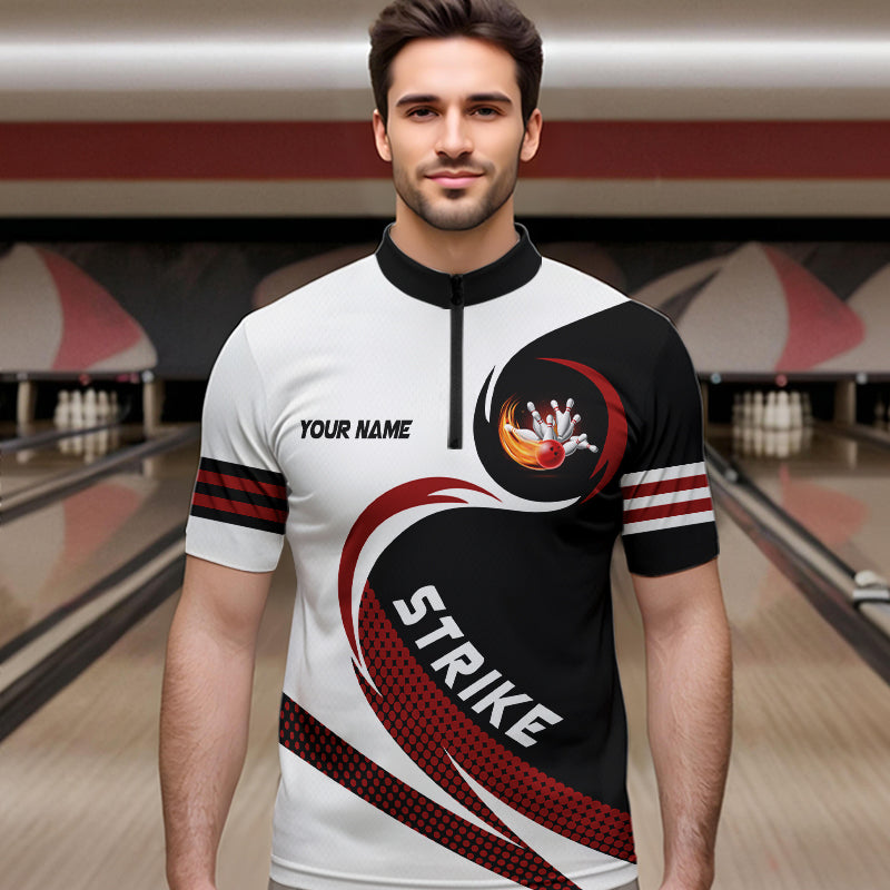 Schwarz-Weiße Bowling-Quarter-Zip-Shirts für Herren – Individuelles Flammen-Bowlingkugel-Strike Team-Liga-Trikot NQS6717