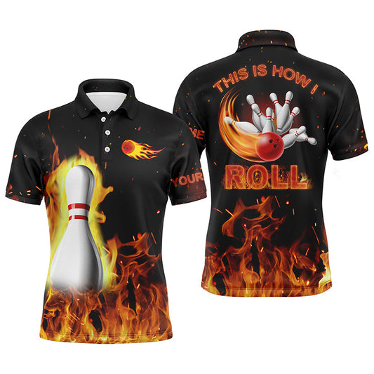 Personalisierte Bowlinghemden für Männer: "This is how I roll", schwarzes Flammen-Bowlinghemd, maßgeschneiderte Bowling-Trikots NQS4435