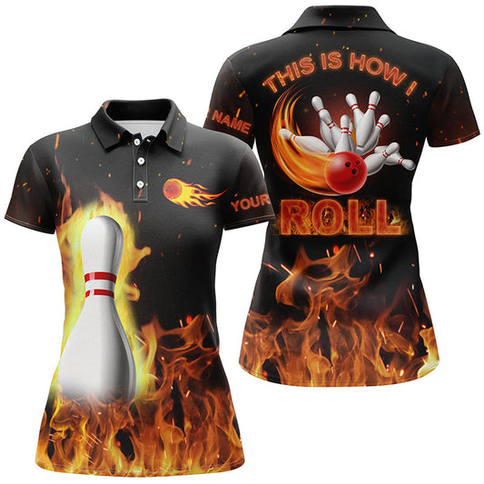 Personalisierte Bowlinghemden für Frauen: "This is how I roll", schwarzes Flammen-Bowlinghemd, maßgeschneiderte Bowling-Trikots NQS4435
