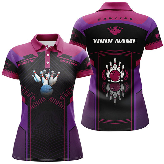 Personalisierte lila Kurzarm-Poloshirts für Damen, maßgeschneidertes Geschenk für Bowling-Spielerinnen NQS4623