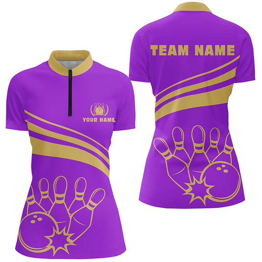 Personalisierte Bowlinghemden mit Viertelreißverschluss für Damen, maßgeschneiderte Bowling-Teamshirts für Damen, Bowl-Trikots | Lila NQS5354