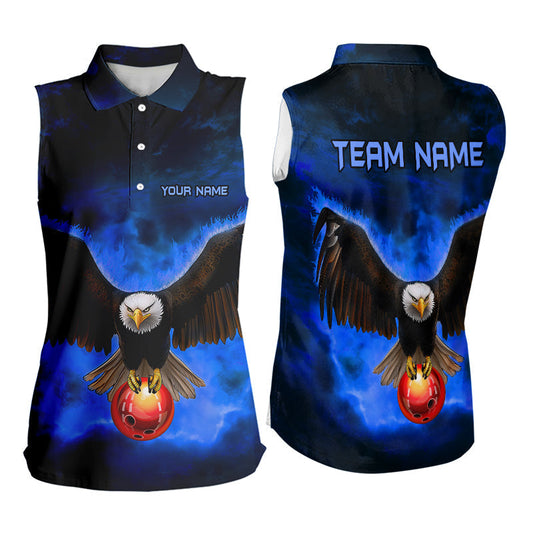 Personalisierte Blauflammen-Adler Custom Bowling Ärmelloses Poloshirt, Fire Eagle Bowling Liga Trikot NQS9614
