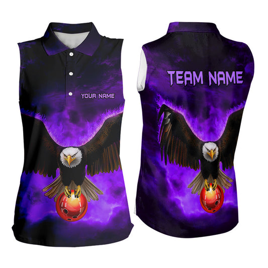 Personalisierte lila Flammenadler Custom ärmelloses Bowling-Poloshirt, Fire Eagle Bowling League Trikot NQS9615