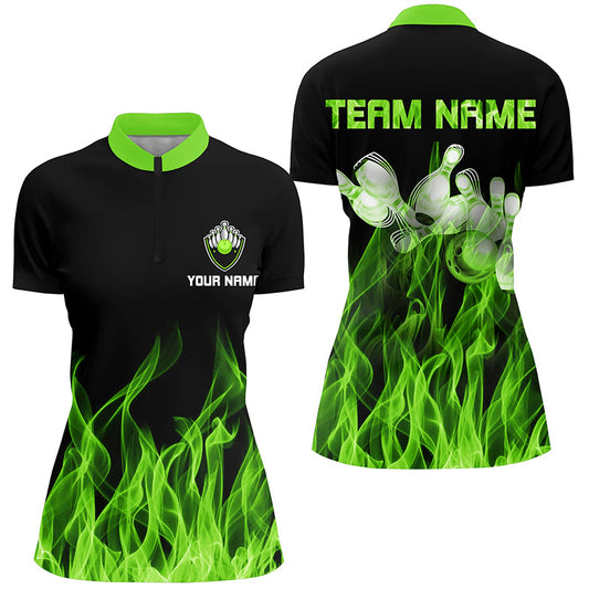 Grüne Flammen-Bowling-Quarter-Zip-Shirts für Damen – Schwarze Bowling-Trikots, personalisierte Bowling-Team-Shirts NQS6034