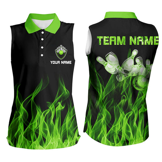Personalisierte Damen-Ärmellose Poloshirts – Grüne Flammen, Bowlingkugel und Pins, Bowling-Trikots für Bowler NQS6034